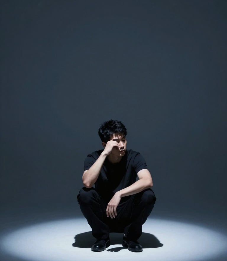 Minimalist studio photography, dramatic spotlight on a professional in quiet introspection, cool blue and dark slate tones, sharp focus.