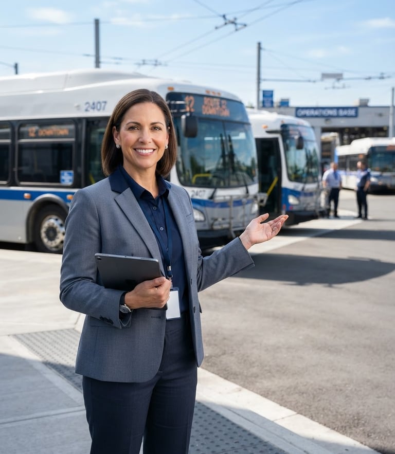 A professional transit operations director in a clean slate-gray uniform standing in front of a modern municipal bus fleet, bright daylight, sharp focus, crisp corporate photography