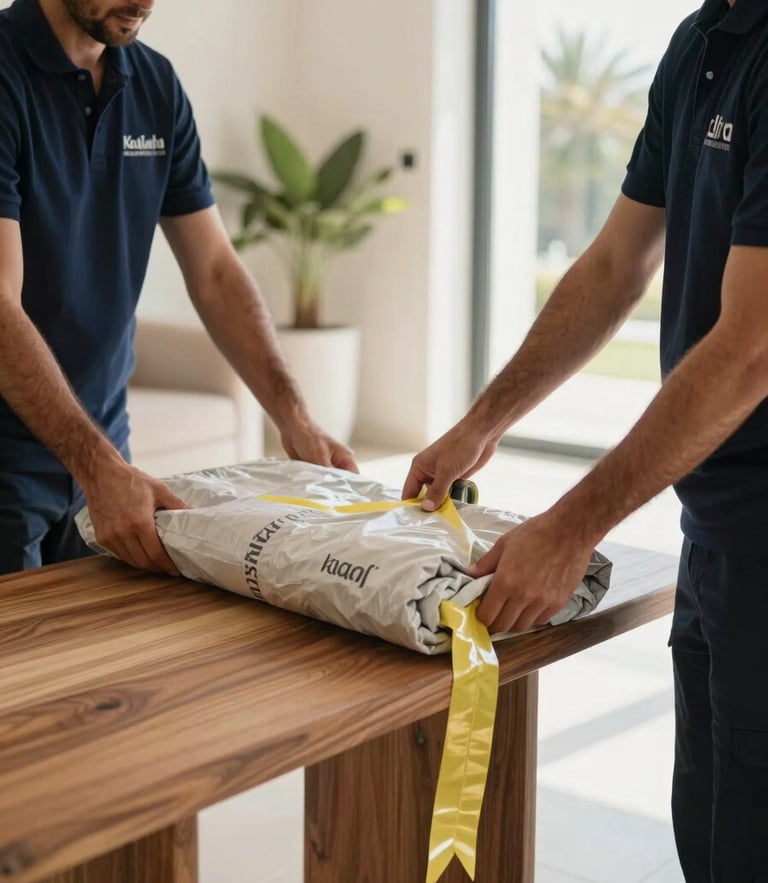 Close-up shot of professional uniformed movers in navy blue uniforms wrapping a wooden console table with thick protective blankets and heavy-duty tape, bright natural daylight, Khalifa City villa interior background.