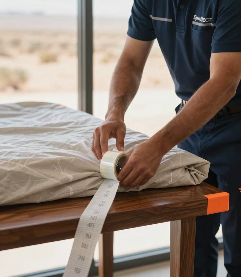 A professional uniformed mover in deep navy blue carefully wrapping a luxury wooden console table with thick protective blankets and orange corner guards, bright natural desert daylight streaming through a window, medium close-up focused on hands securing the heavy-duty tape.