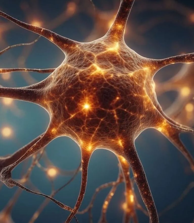 Microscopic view of a glowing human neuron cell with firing synapses and neural network pathways.
