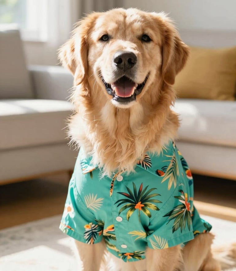 A happy, smiling golden retriever wearing a vibrant teal tropical print shirt, sitting in a bright sunlit living room, bright joyful pet photography, warm natural daylight, vibrant colors, shallow depth of field, 35mm lens