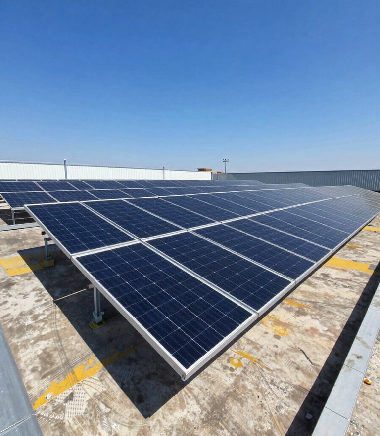 Wide-angle industrial rooftop solar array in bright direct sunlight, sharp shadows, deep blue sky