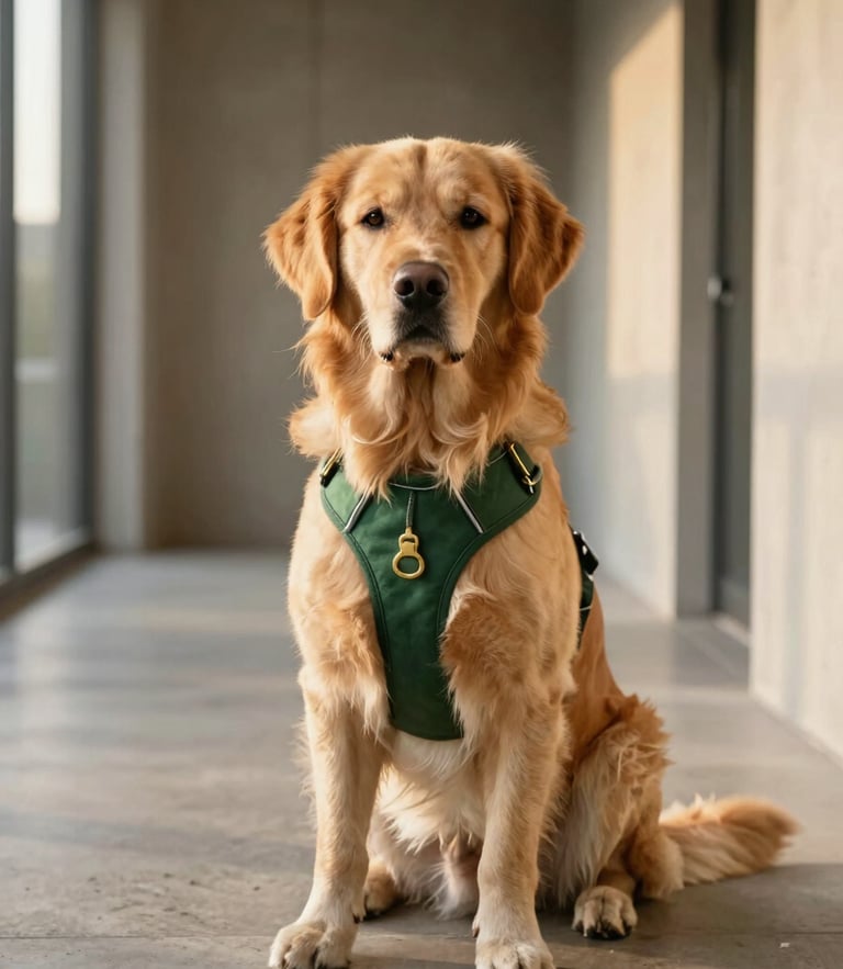 A majestic Golden Retriever sitting calmly in a sunlit, minimalist concrete hallway, wearing a sleek forest green harness with solid brass hardware, warm golden-hour side light, editorial 35mm photography.