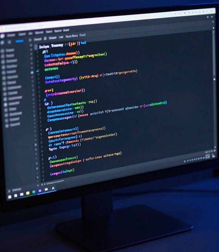 Sleek dark-mode digital workspace, close-up of clean code on a curved monitor, dramatic electric blue screen-glow lighting, ultra-sharp focus, 35mm lens