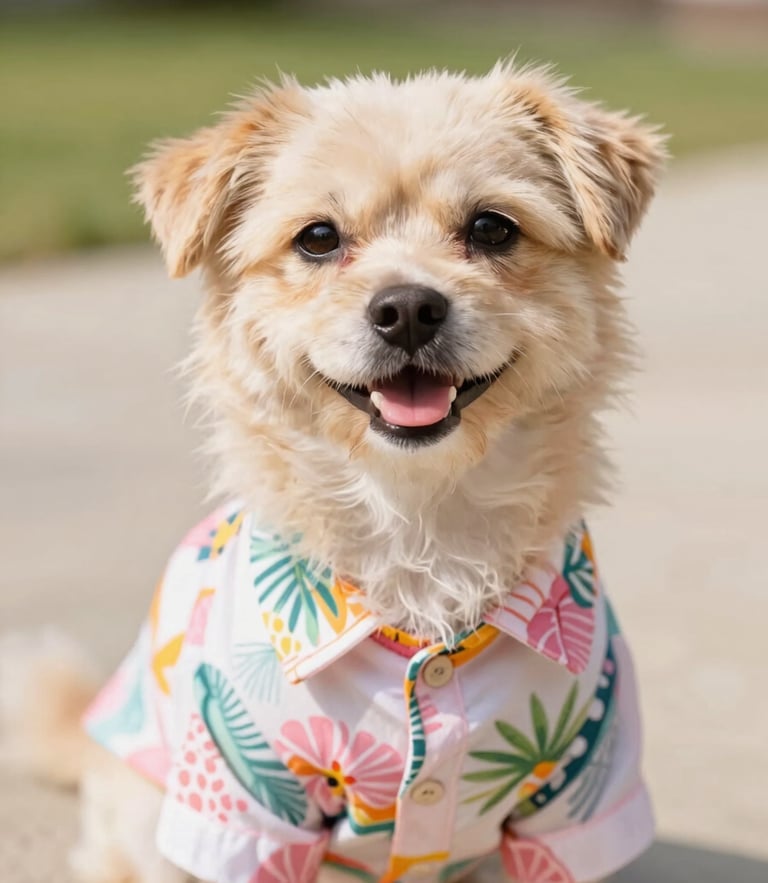 A happy small dog wearing a colorful handmade Hawaiian shirt, looking directly at the camera, warm natural daylight, shallow depth of field