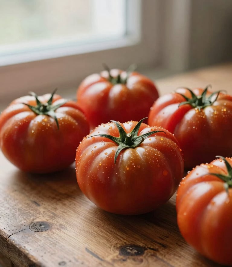 Close-up of fresh heirloom tomatoes on a rustic wooden table, soft window light, warm editorial photography, 35mm