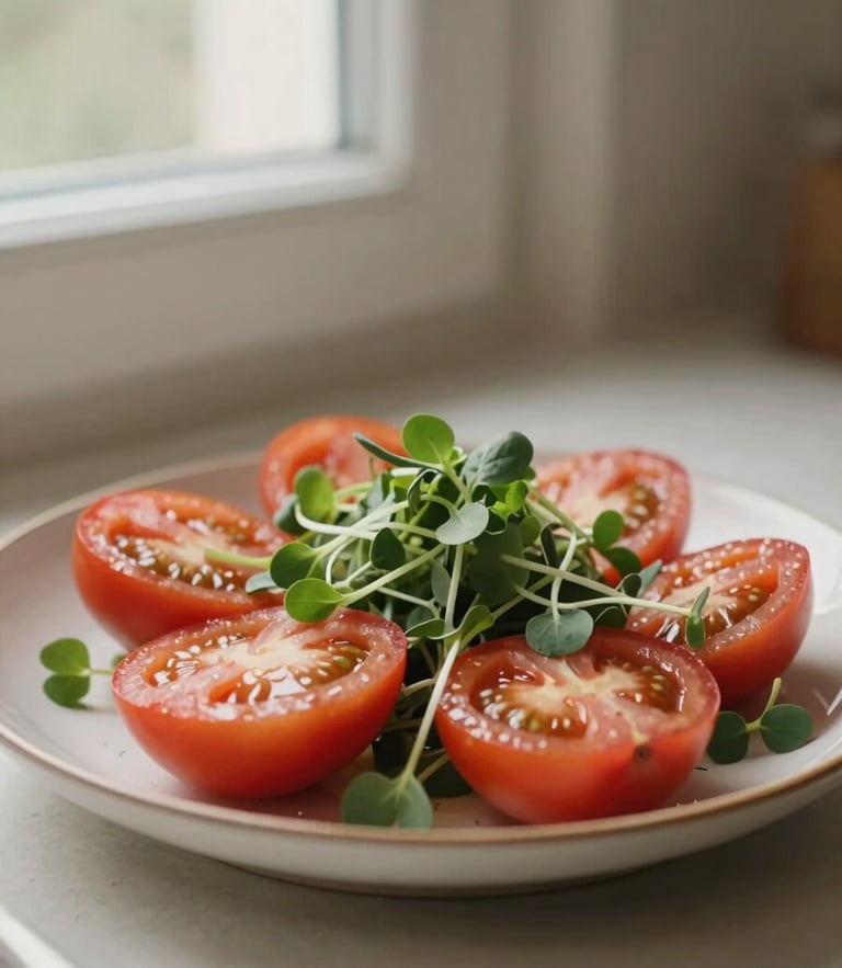 Close-up of a beautifully plated fresh heirloom tomato salad with microgreens, soft window light, warm editorial style, 35mm