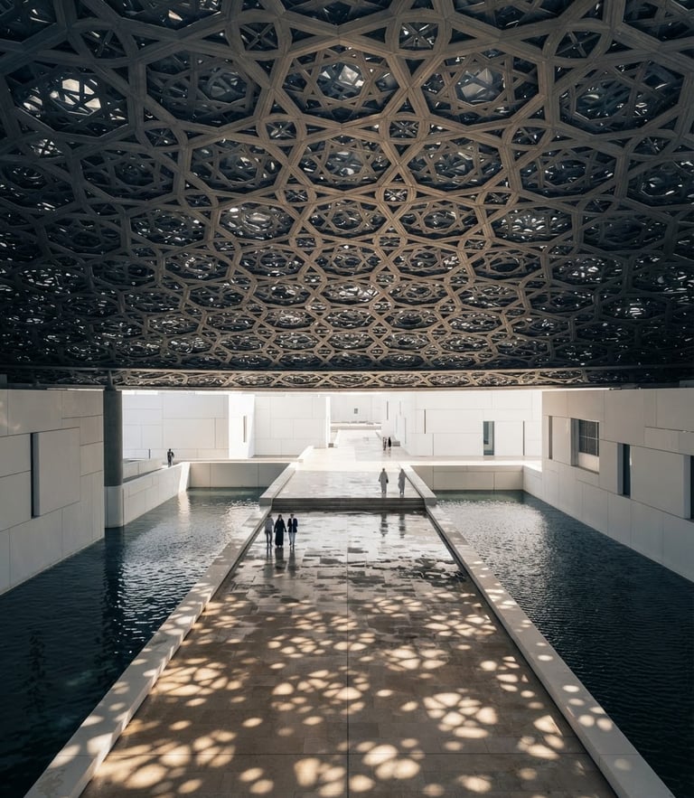 Architectural detail of Louvre Abu Dhabi dome, soft morning light reflecting on the stone floors, elegant editorial photography, medium format depth.