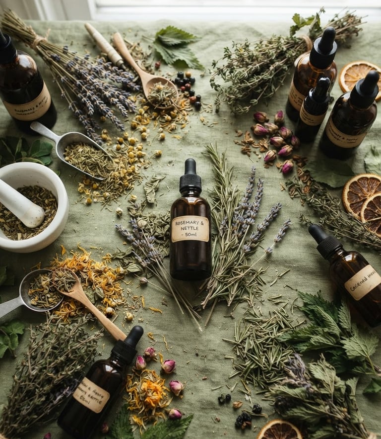Overhead flat-lay of dried herbs and glass tincture bottles on a textured linen surface, soft morning daylight, muted sage tones, macro lens