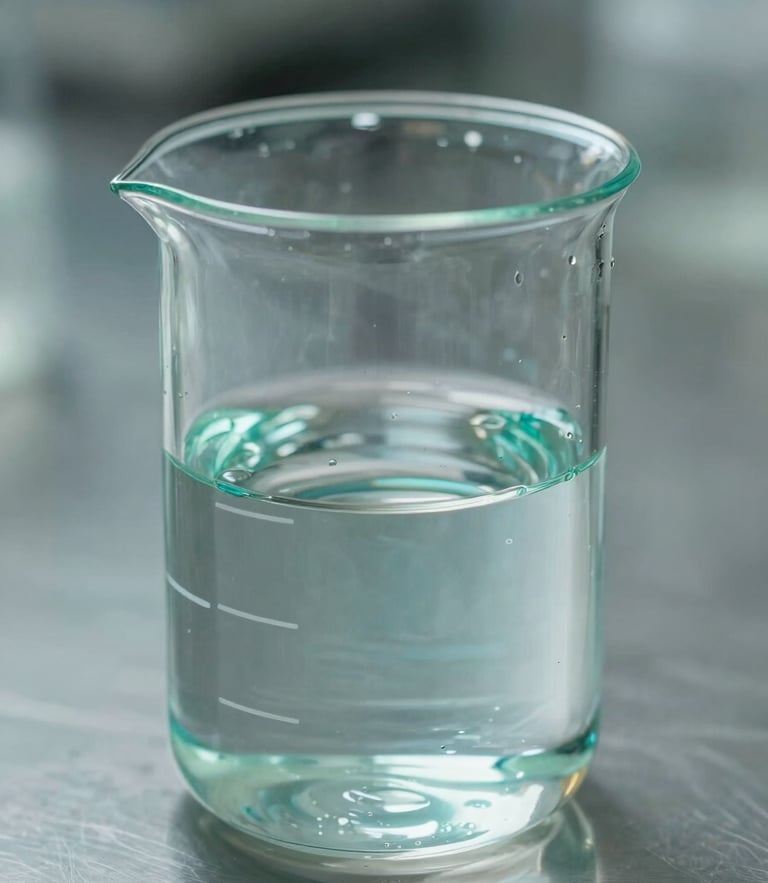 Macro photography of a clean laboratory beaker filled with clear clinical liquid, teal accent lighting, sterile steel background, sharp focus.