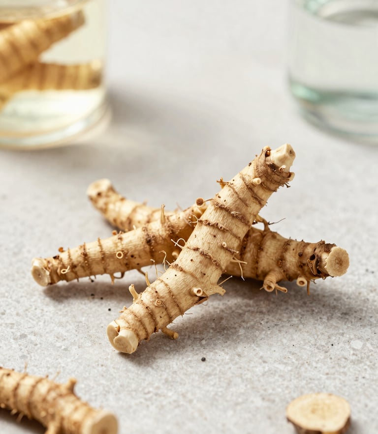 Clean editorial photography of raw Indonesian herbal roots and pristine laboratory glass on a stone surface, bright natural daylight, soft golden highlights, shallow depth of field, 35mm