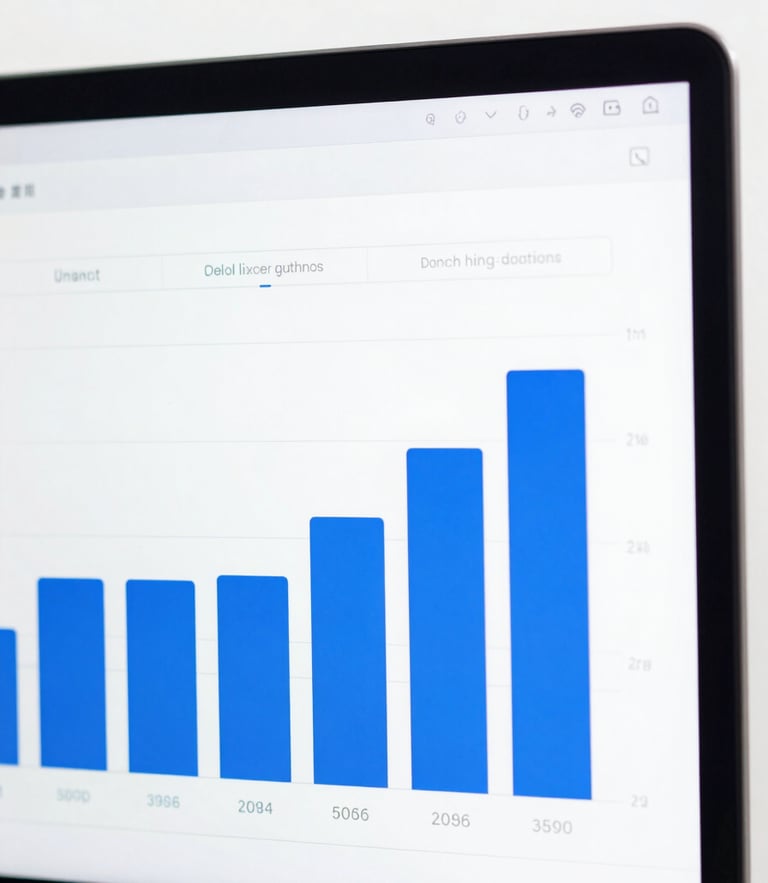Straight-on macro shot of a high-contrast marketing performance dashboard on a screen, bright high-key studio lighting, crisp white and deep blue tones, sharp focus, 50mm