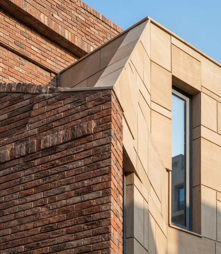 Close-up architectural detail of a modern brick and sandstone facade in Dwarka, sharp angles, bright afternoon sunlight, 35mm