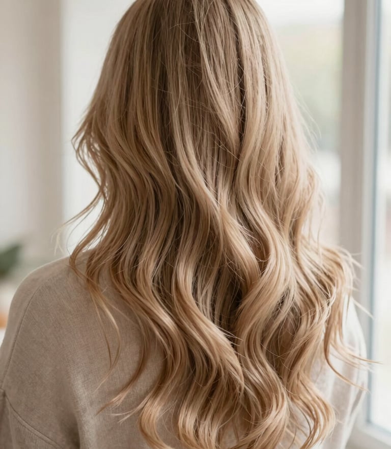 Editorial close-up of soft hand-painted balayage hair texture under warm window light, muted beige tones, shallow depth of field