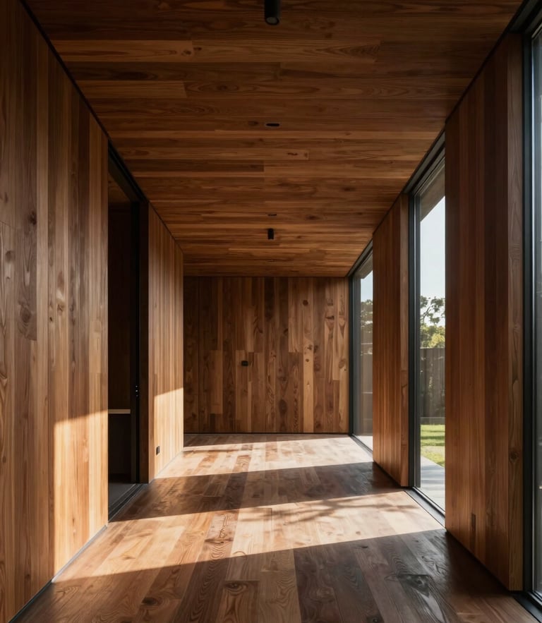 Straight-on architectural shot of a minimalist luxury living pavilion, dramatic natural light casting sharp geometric shadows on premium textured wood panels, high-contrast, zero-distortion wide angle.