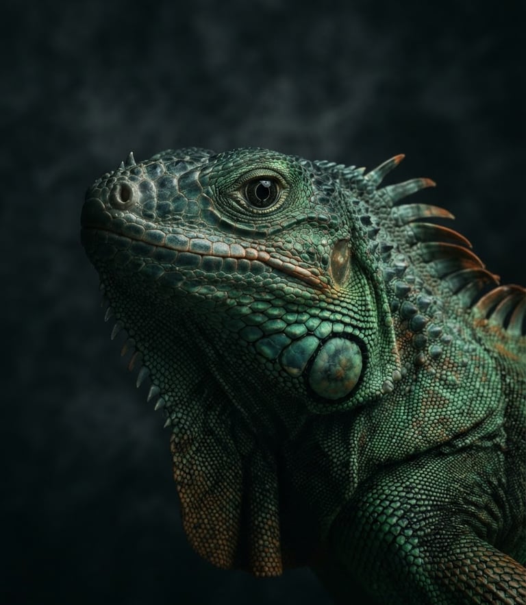 A close-up studio portrait of a majestic green iguana, dramatic low-key lighting, dark textured background, rich scales, soulful expression, 85mm