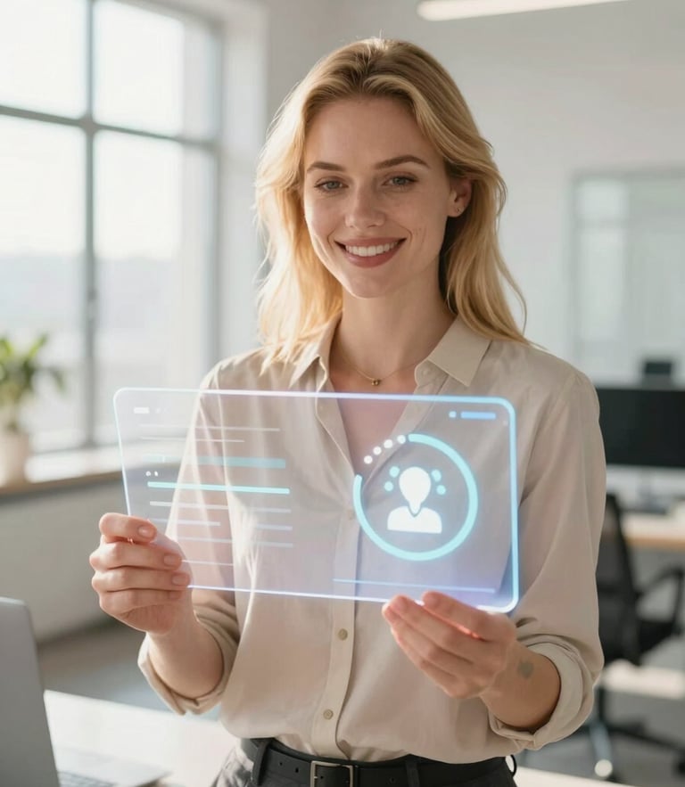Warm editorial photography, bright natural daylight, 35mm. A professional, confident blonde woman smiling, holding a glowing glass-like holographic window UI in one hand and a floating help support icon in the other. Modern bright office space, soft focus.