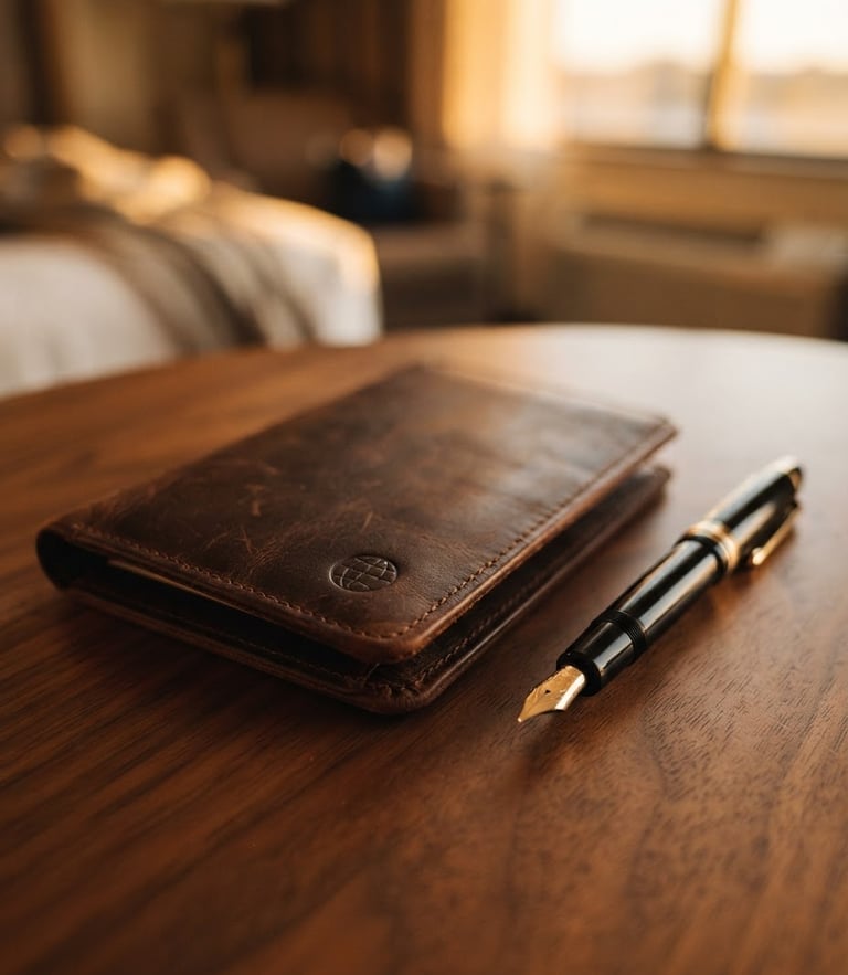 An elegant close-up of a leather passport holder resting on a walnut table beside a fountain pen, soft golden hour light, shallow depth of field, 35mm