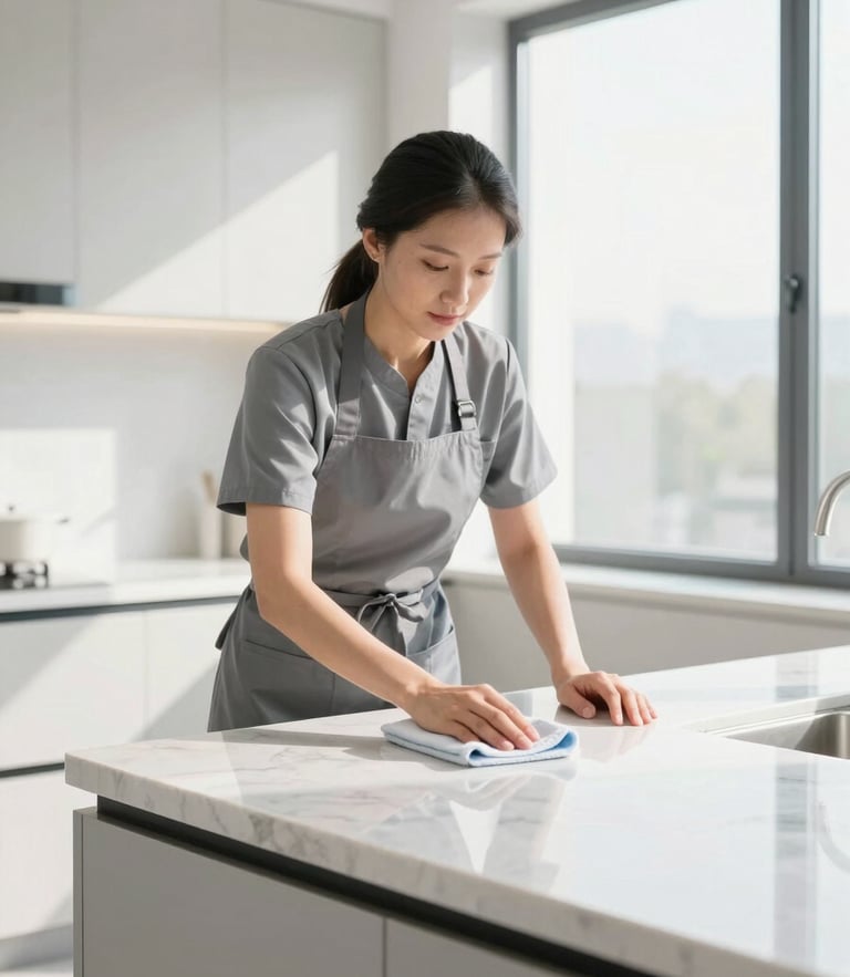 A uniformed professional cleaner in a crisp gray apron meticulously wiping a minimalist marble countertop with a microfiber cloth, soft natural morning light reflecting off the pristine surface, clean architectural lines, 35mm lens editorial photography.