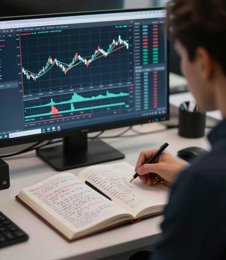 An over-the-shoulder shot of a trader analyzing clean price action on a monitor, a physical notebook with handwritten trade logs open on the desk, cool evening ambient light, shallow depth of field, 35mm.