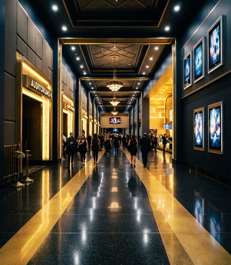 Cinematic high-contrast wide-angle shot of a grand modern multiplex theater hallway with golden light beams reflecting on polished dark floors, 35mm