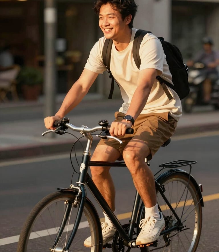 A smiling commuter in casual clothing riding a classic hybrid bicycle in warm, golden-hour sunlight, looking relaxed and comfortable.