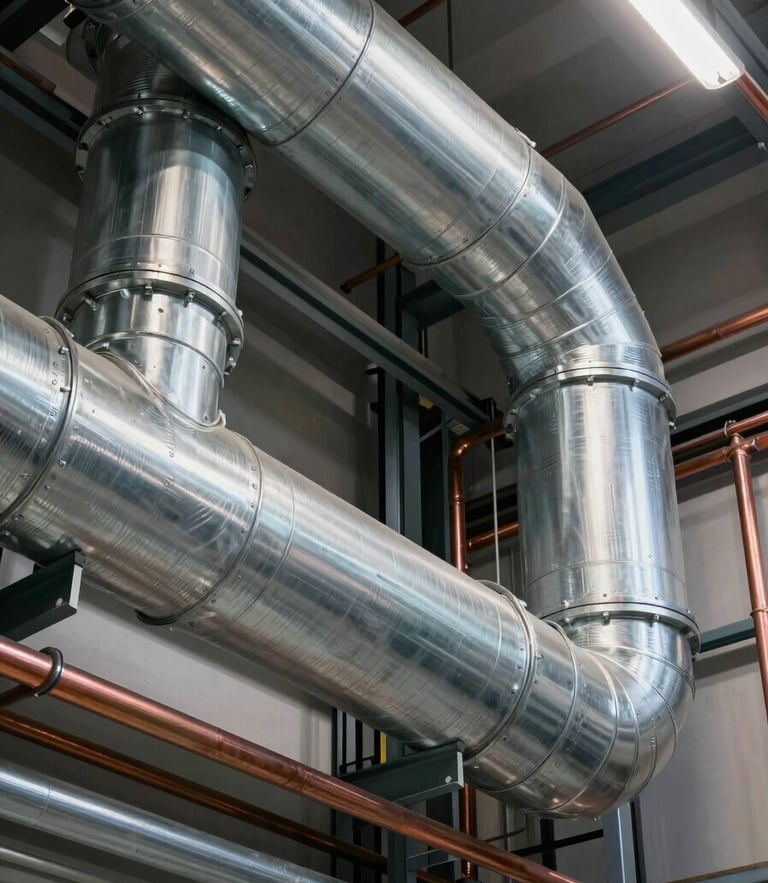 Technical isometric view of large-scale galvanized steel HVAC ductwork and copper piping installations inside a high-rise utility shaft, clean industrial lighting.