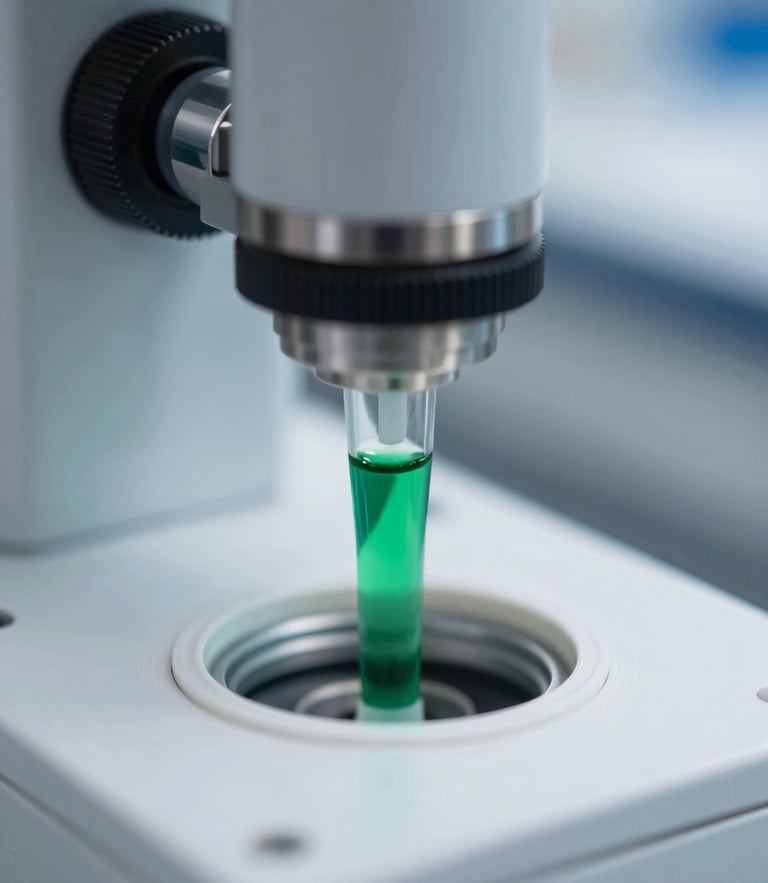 Macro close-up of high-precision scientific chromatography system, cool clinical white light, emerald-green liquid indicator