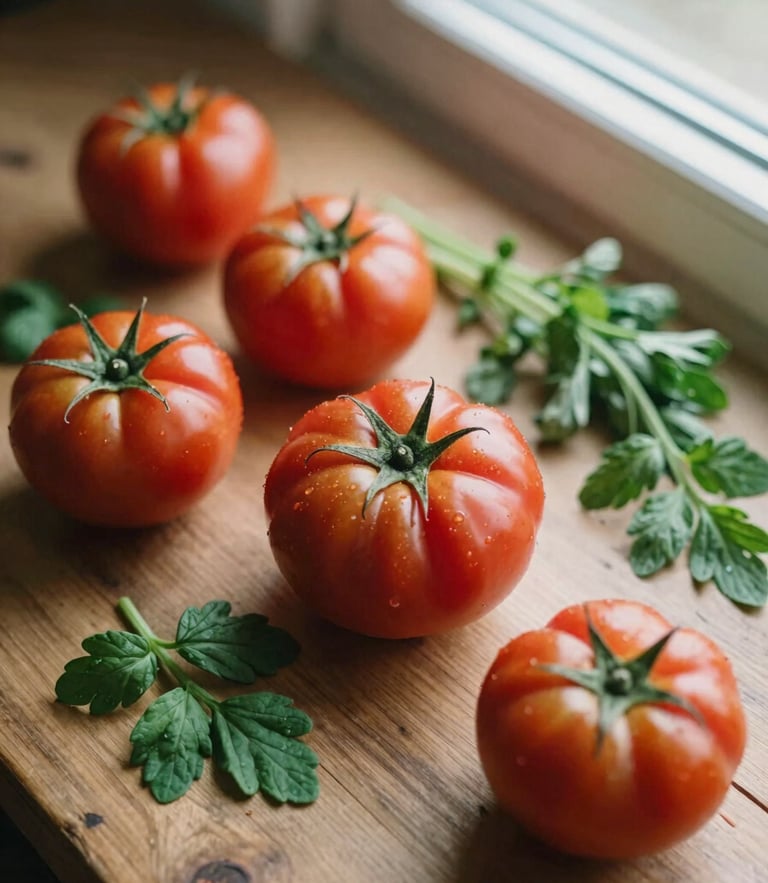 Overhead flat-lay of heirloom tomatoes and fresh herbs on a rustic wooden table, soft north-facing window light, rich crimson and forest tones, shallow depth of field, 35mm film.