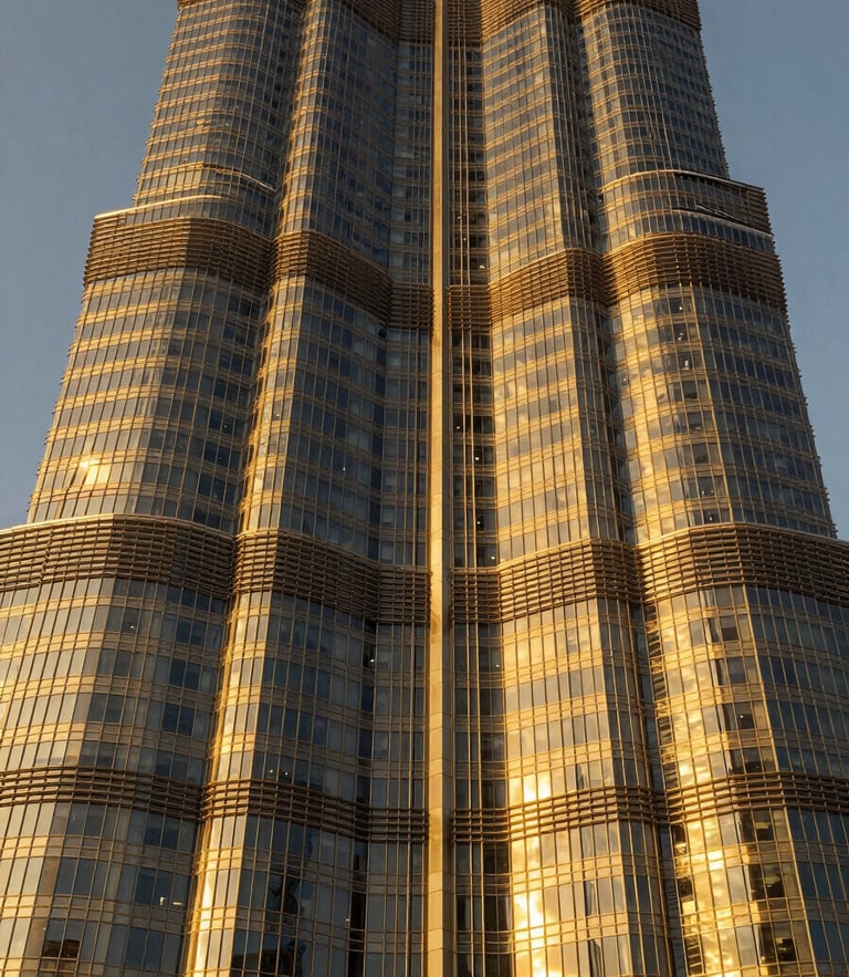 Symmetrical wide-angle architectural shot of a soaring Dubai skyscraper facade during golden hour, intense warm sunlight reflecting off black glass and brushed gold metallic panels, sharp focus, 35mm.