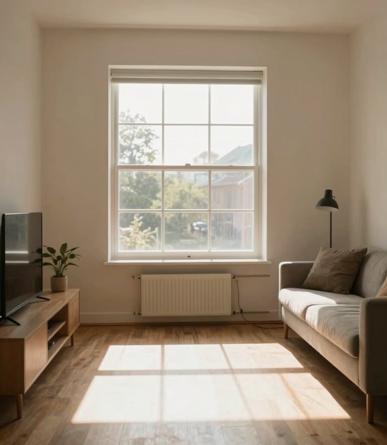 Sunlit welcoming physical space, a clean modern room with warm morning light streaming through a window, eye-level shot, inviting atmosphere.