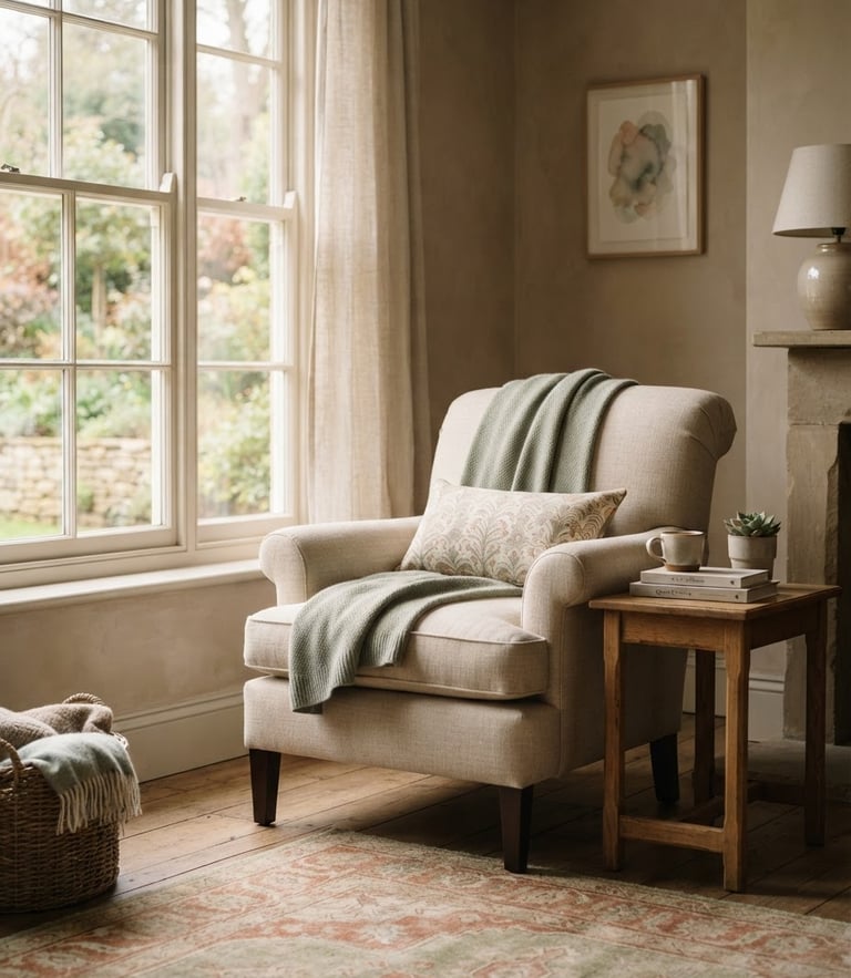 Soft diffused morning light falling on an elegant empty linen armchair near a window, warm clay and sage tones, quiet elegant interior, shallow depth of field.