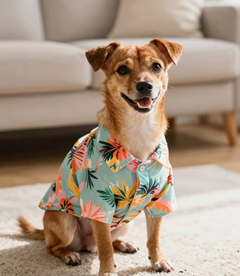 A happy small brown dog wearing a colorful tropical Hawaiian shirt, sitting comfortably on a sunny living room rug, warm natural daylight, shallow depth of field, 35mm lens