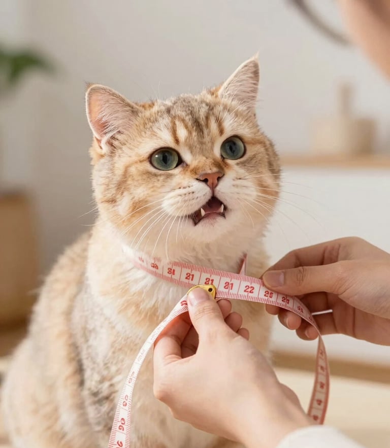 Warm editorial pet photography, a happy fluffy cat being gently measured with a soft tape measure by a designer, warm natural daylight, pastel tones, shallow depth of field