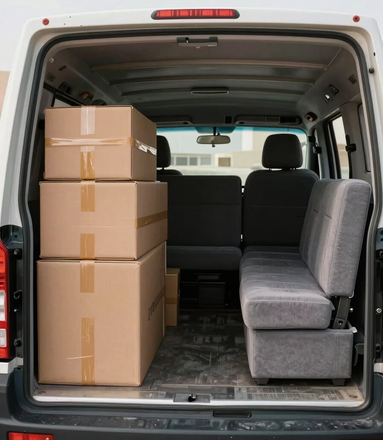 Medium shot of a clean, organized moving truck interior with strapped boxes and padded furniture, bright daylight, Abu Dhabi.