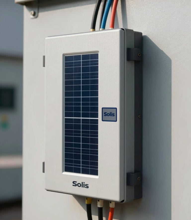 A close-up of a heavy-duty Solis solar inverter professionally mounted on a clean, professionally wired panel inside a Pune industrial facility, bright midday sun casting sharp shadows, macro shot of clean wiring.