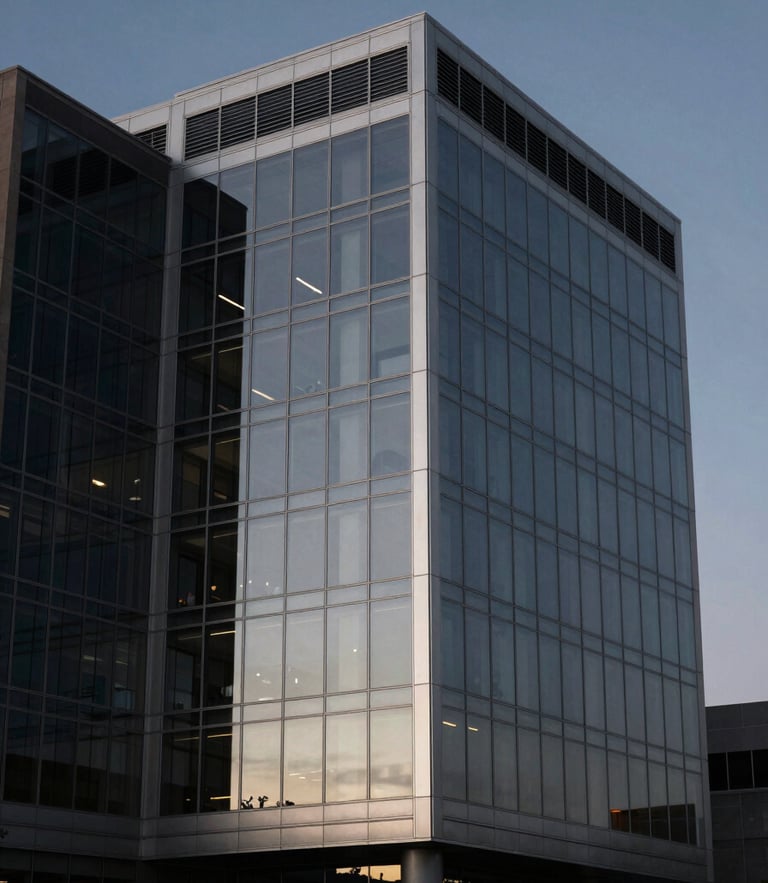 Dramatic low-key architectural shot of a modern glass office facade in downtown Tucson at dusk, silver highlights, sharp focus, 85mm lens