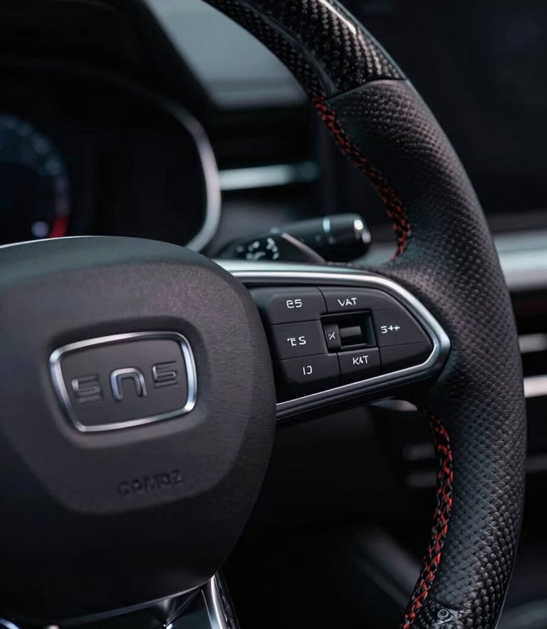 Macro close-up of a luxury modern vehicle steering wheel, brushed silver accents, carbon fiber textures, dramatic low-key studio lighting with sharp highlights