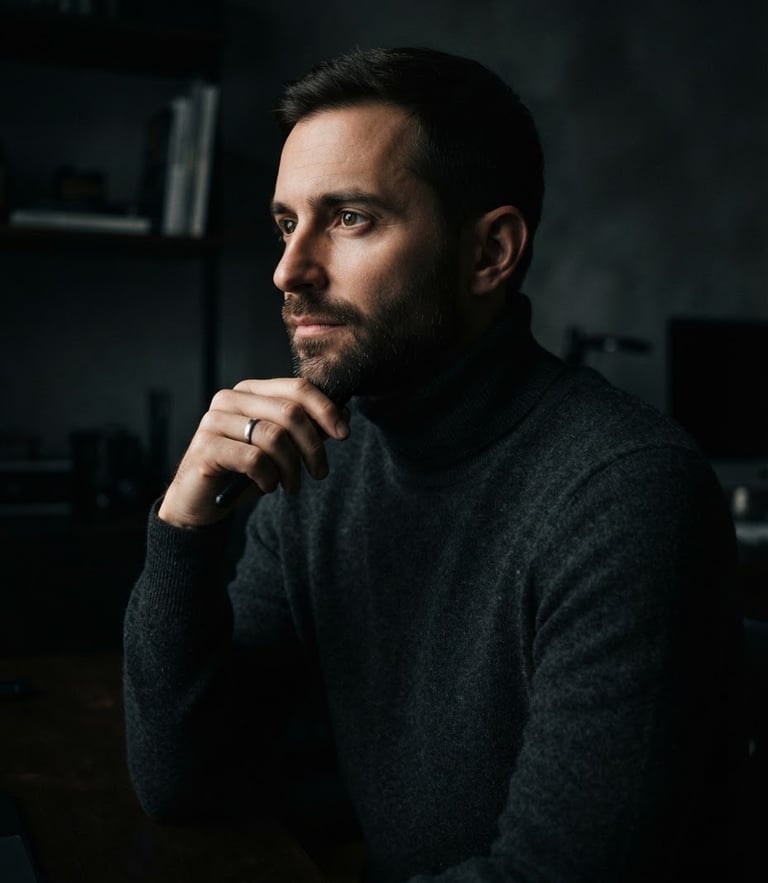 Low-key studio portrait of a designer in a dark charcoal turtleneck, sharp side lighting, deep shadows, premium editorial style.