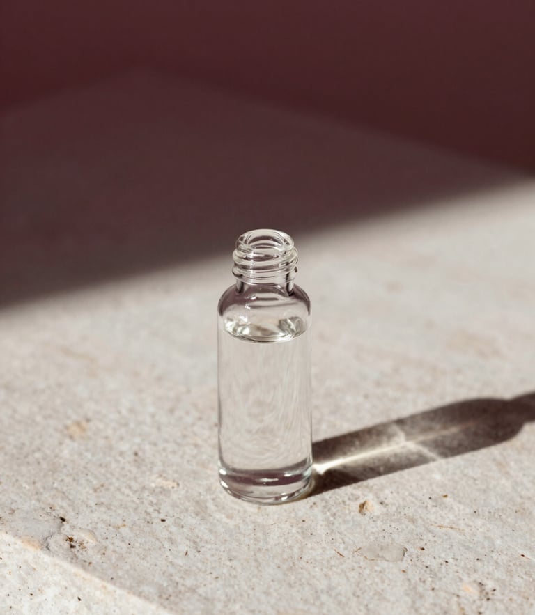 Minimalist editorial portrait of a clear glass serum bottle on a textured stone surface, soft natural side-light casting deep burgundy shadows, macro lens detail.