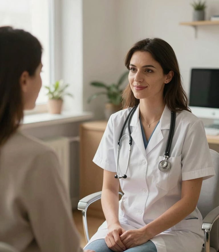 A warm, natural light photograph of a female gynecologist in North Macedonia sitting with an expectant mother, smiling gently, talking in a cozy office, soft daylight.