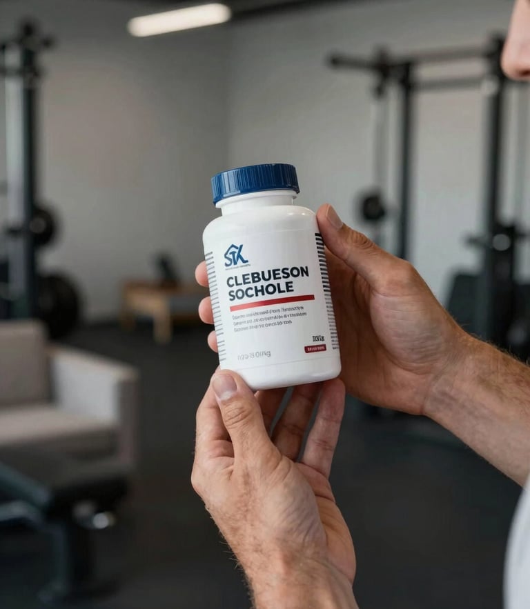 A close-up of a male athlete's hands holding a premium wellness supplement bottle, clean minimalist home gym background, high-contrast cool-toned lighting