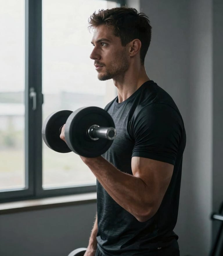 A sharp profile of a determined male athlete training with adjustable dumbbells in a minimalist, high-contrast home gym, cool morning window light.