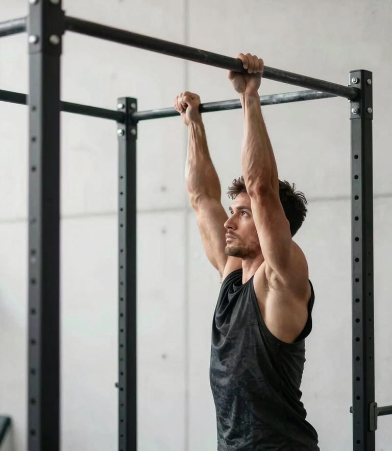 A sharp profile of a focused male athlete performing a pull-up on a minimalist black steel bar, natural morning side-light, clean white concrete wall background.