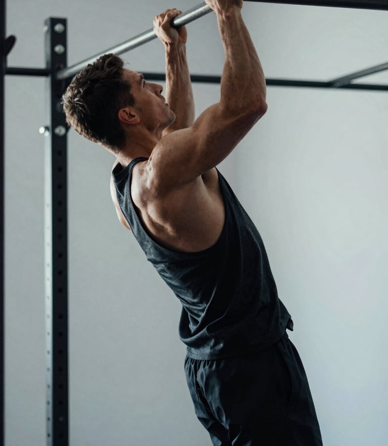 A sharp profile of a focused male athlete performing a pull-up in a minimalist home gym, high-contrast cool morning light, clean background, sharp focus on athletic form.