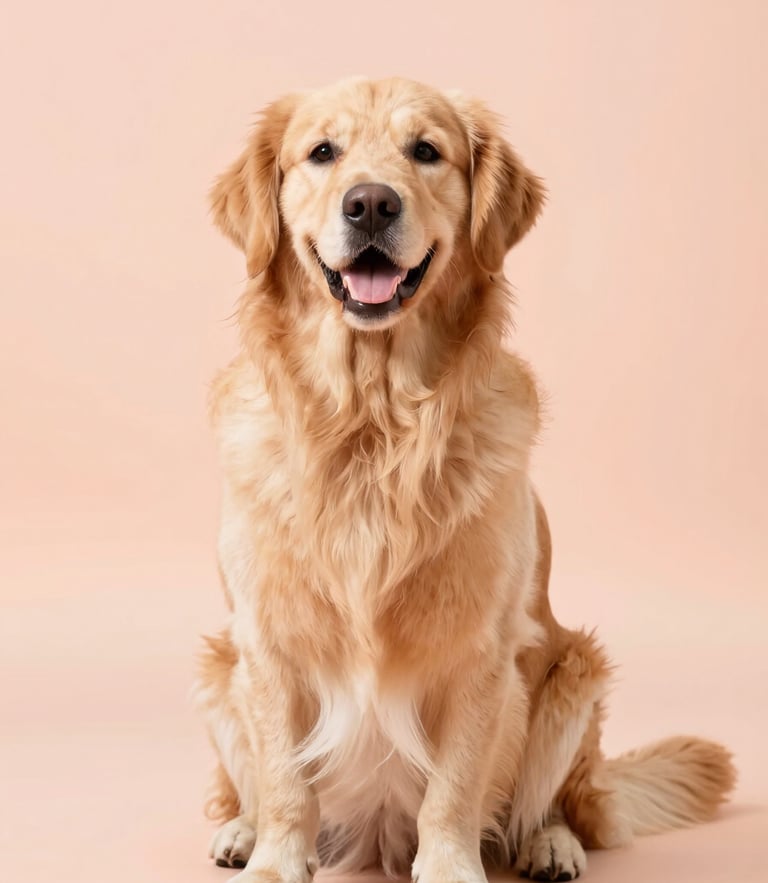 A happy freshly groomed golden retriever sitting proudly against a soft pastel peach studio backdrop, high-key lighting, 50mm lens