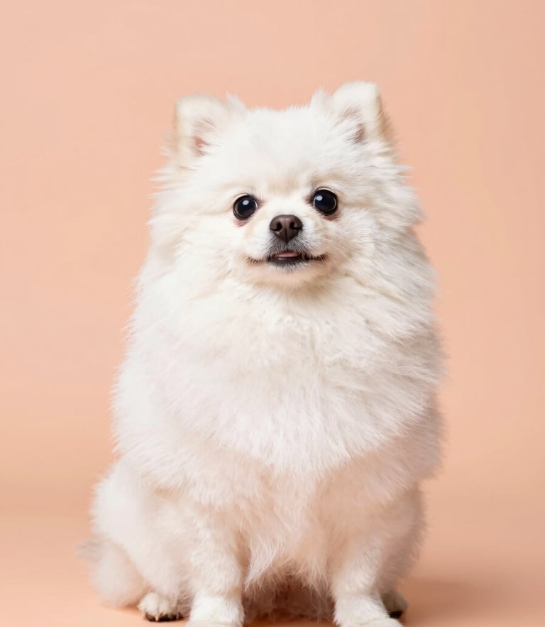 Eye-level portrait of a fluffy white Pomeranian sitting proudly on a soft peach backdrop, bright studio lighting, immaculate grooming