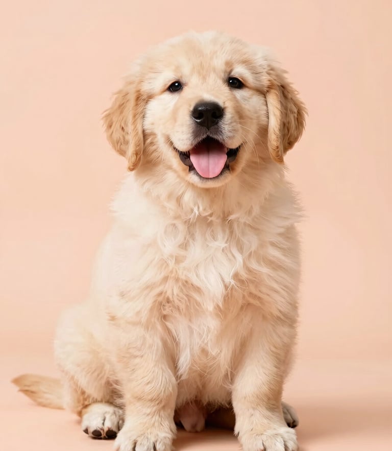 A happy, fluffy golden retriever puppy sitting proudly against a soft peach background, bright high-key studio lighting, 50mm lens