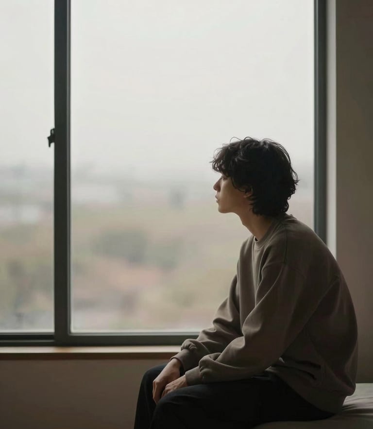 Minimalist editorial photography of a person sitting in quiet contemplation near a large window, soft diffused daylight, muted earth tones, 35mm, shallow depth of field